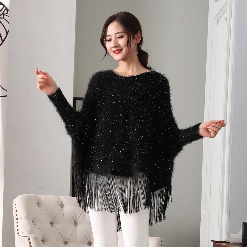 

Sweater Wrap Tassels Sequined Fringed Cloak Loose Knit Cape Poncho O-Neck Bat Sleeved Jackets Bat Shirts Tops Blouse Pashmina