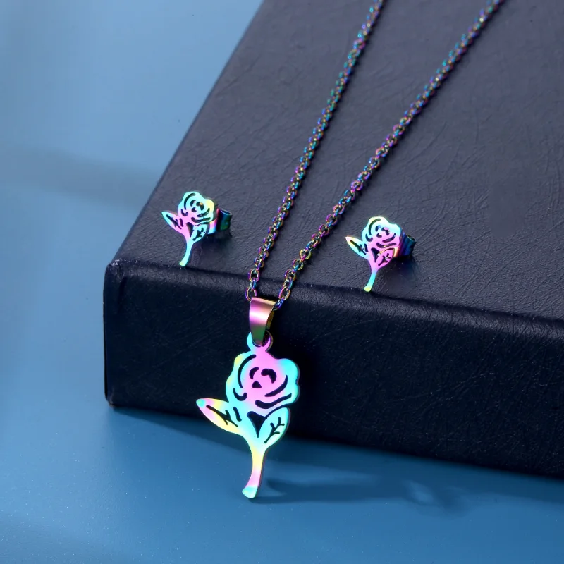 Stainless Steel Colorful Rose Flower Pendant Chain Necklace Stud Earring for Women Party Birthday Fashion Jewelry Set Gift
Stainless Steel Colorful Rose Flower Pendant Chain Necklace Stud Earring for Women Party Birthday Fashion Jewelry Set Gift