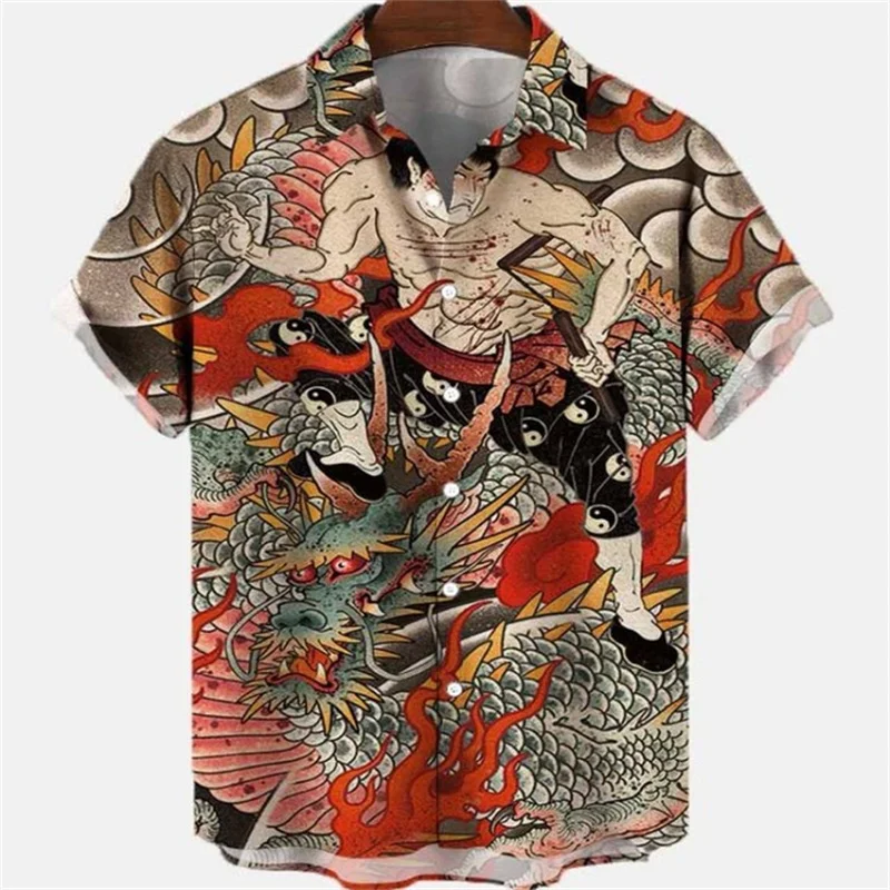 

Summer Men's Dragon Pattern Element Shirt Social Casual Vintage Hawaiian Shirt 2023 New Oversize Short Sleeve Street Clothing