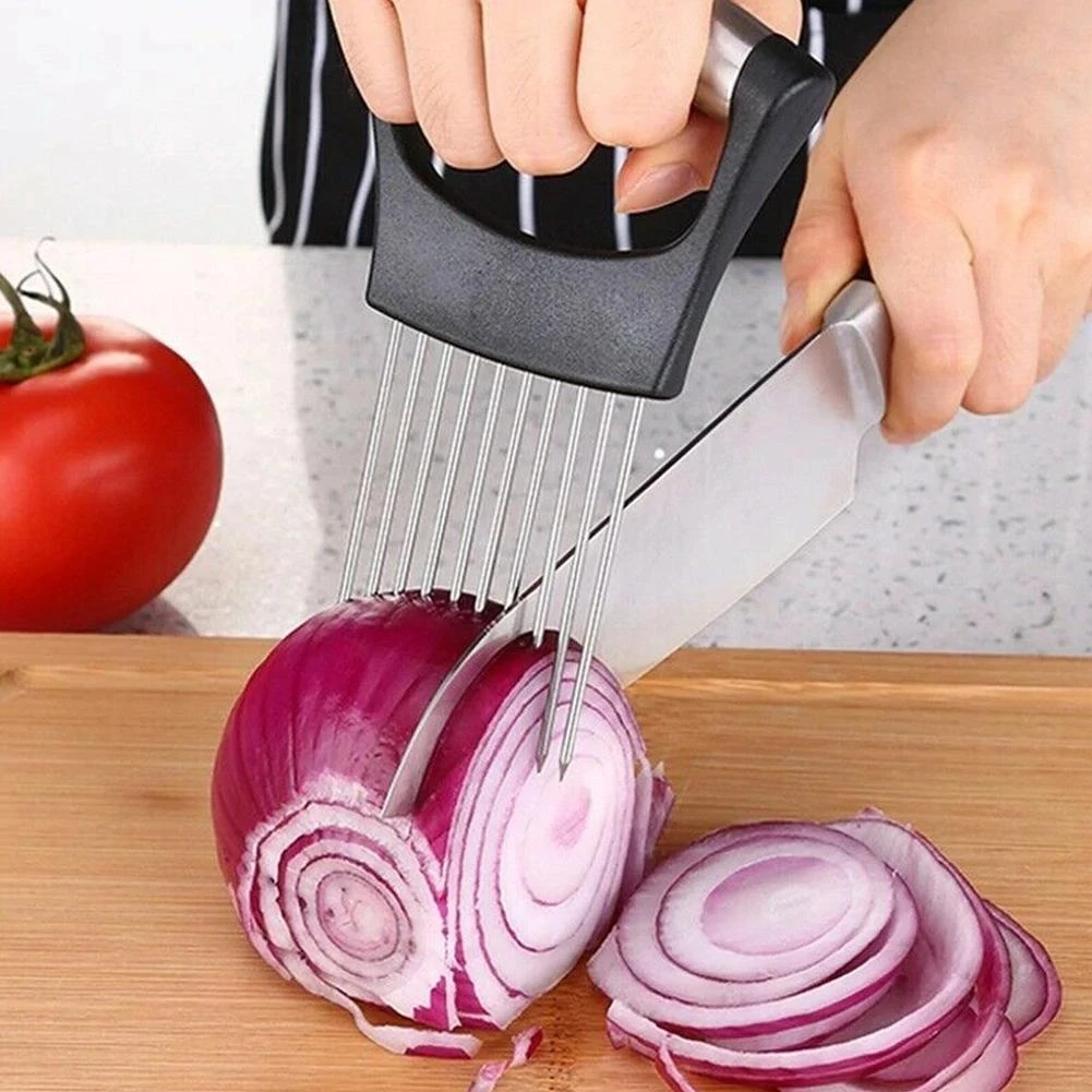 

2022 New Steel Onion Needle With Cutting Safe Aid Holder Easy Slicer Cutter Tomato Safe Fork Handheld Vegetable Knife Kitchen