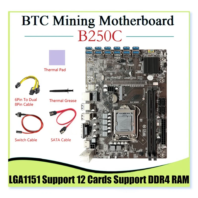 Материнская плата B250C для майнинга BTC, 12 GPU + 6Pin к двойному 8-контактному кабелю + SATA кабель PCIE к разъему USB 3,0 LGA1151, поддерживает DDR4 RAM
Материнская плата B250C для майнинга BTC, 12 GPU + 6Pin к двойному 8-контактному кабелю + SATA кабель PCIE к разъему USB 3,0 LGA1151, поддерживает DDR4 RAM