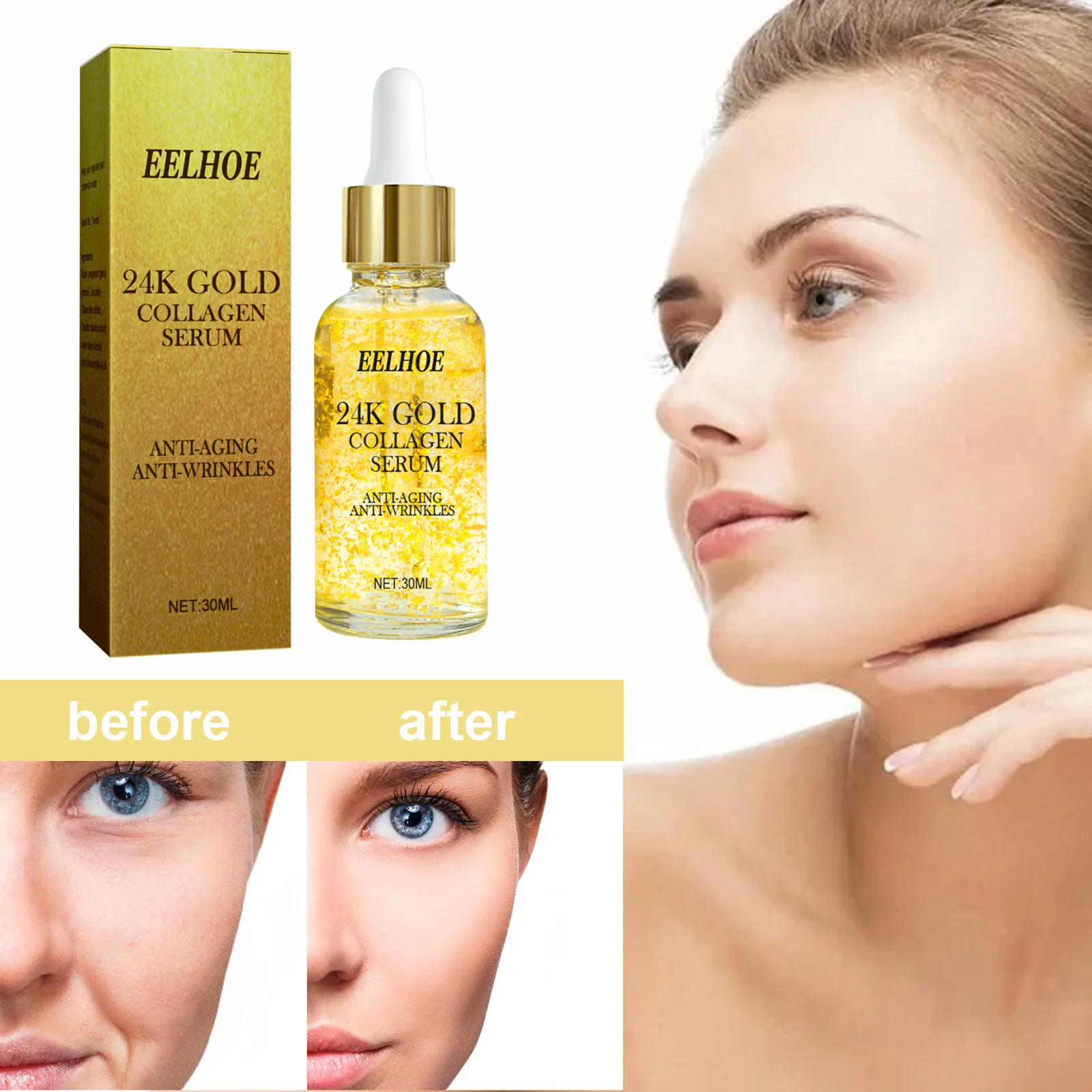 Eelhoe 24K Gold Collagen Serum Hyaluronic Acid Whitening Anti-Wrinkle Essence Cream Acne Scar Removal Niacinamide Serum 30ml
Eelhoe 24K Gold Collagen Serum Hyaluronic Acid Whitening Anti-Wrinkle Essence Cream Acne Scar Removal Niacinamide Serum 30ml