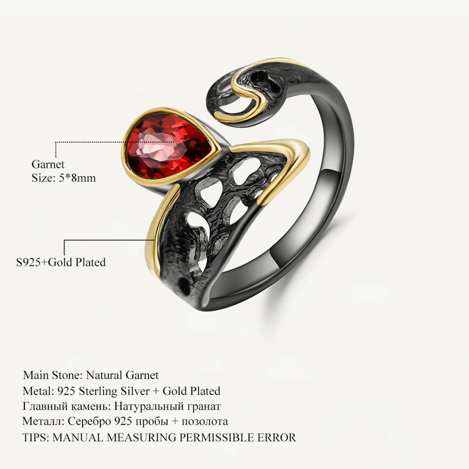 GEM'S BALLET 1.05Ct Natural Garnet Open Adjustable Ring Jewelry 925 Sterling Silver Original Handmade Gemstones Rings for Women
GEM'S BALLET 1.05Ct Natural Garnet Open Adjustable Ring Jewelry 925 Sterling Silver Original Handmade Gemstones Rings for Women
