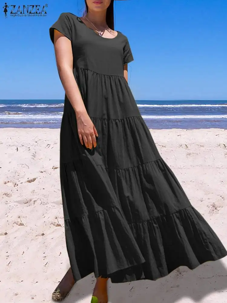 

ZANZEA Summer Vacation Maxi Dress Casual Scoop Neck Short Sleeve Solid Long Robes Women Fashion Pleated Tiered A-line Sundress