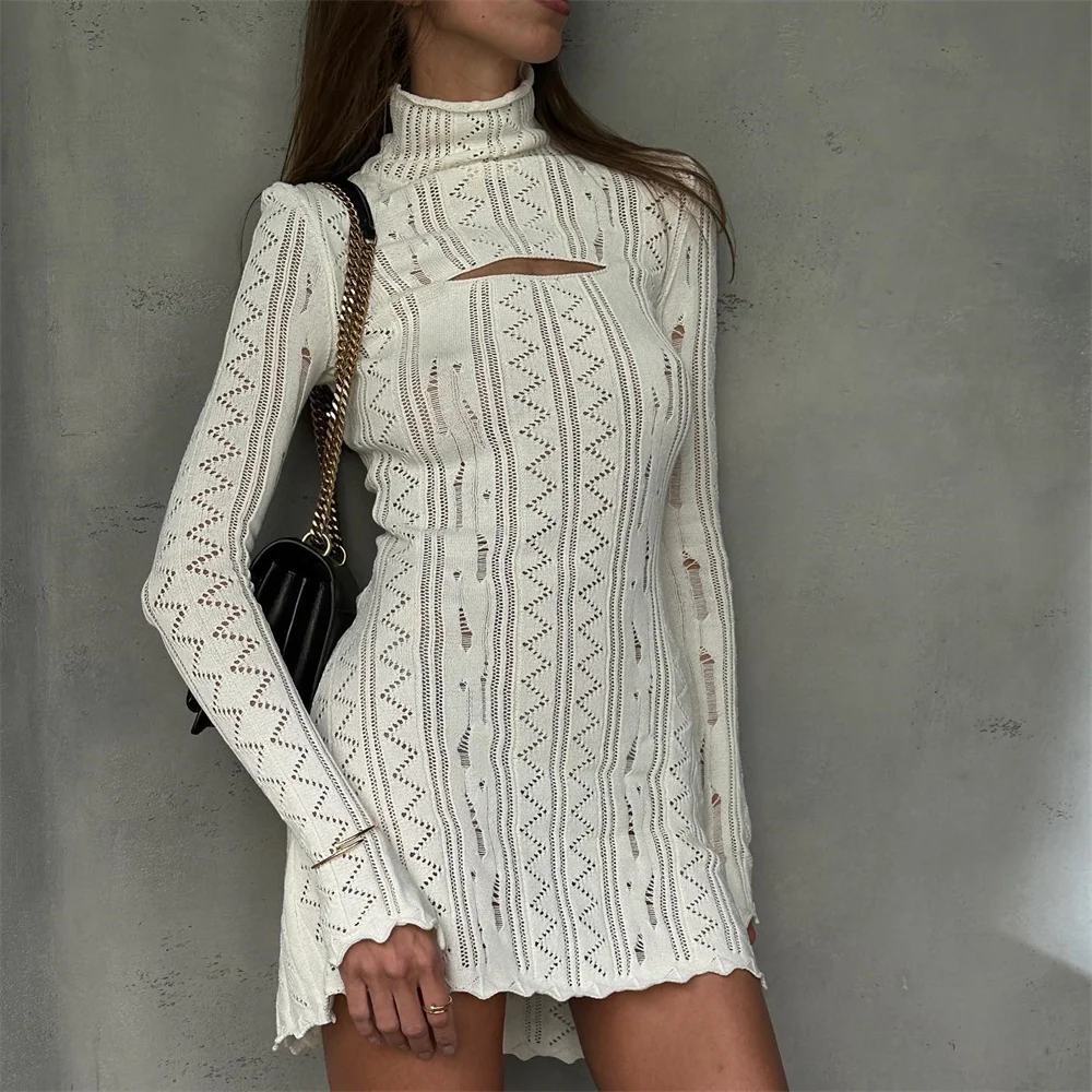 Vintage Ripped Hollow Out White Dress Turtleneck Sexy Party Long Sleeve Knitted Vestidos Elegant Mini Dresses Women Streetwear
Vintage Ripped Hollow Out White Dress Turtleneck Sexy Party Long Sleeve Knitted Vestidos Elegant Mini Dresses Women Streetwear