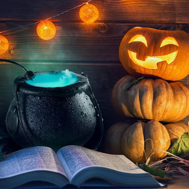 Halloween Black Cauldron with Mist Maker Witch Jar Atomizer Lamp Punch Bowl Color Light Fogger |