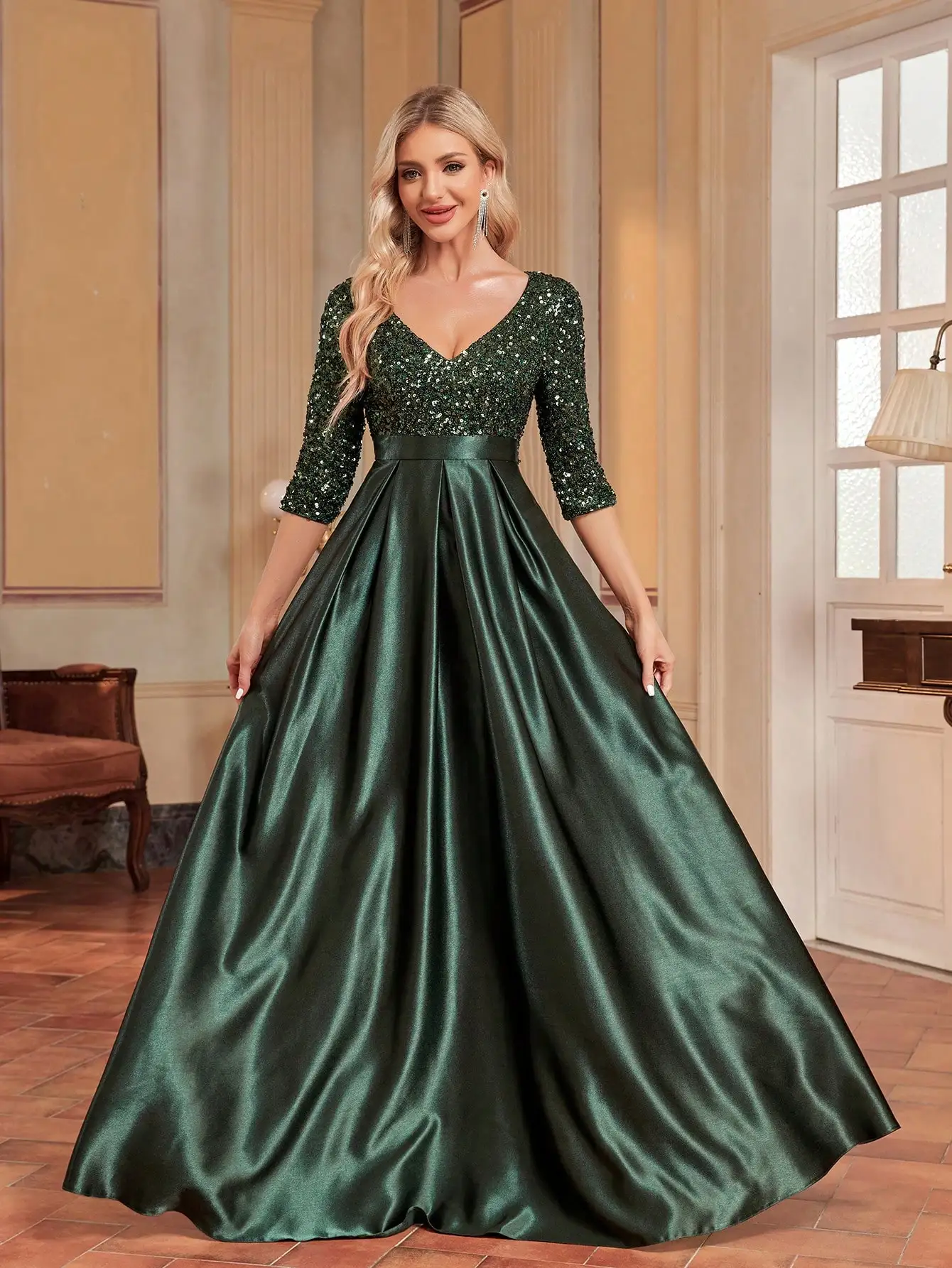 Shiyiecy Elegant 3/4 sleeves Sequins Evening Dress Women‘s Satin Prom Party Green Dress Floor Length Formal Cocktail Gown
Shiyiecy Elegant 3/4 sleeves Sequins Evening Dress Women‘s Satin Prom Party Green Dress Floor Length Formal Cocktail Gown