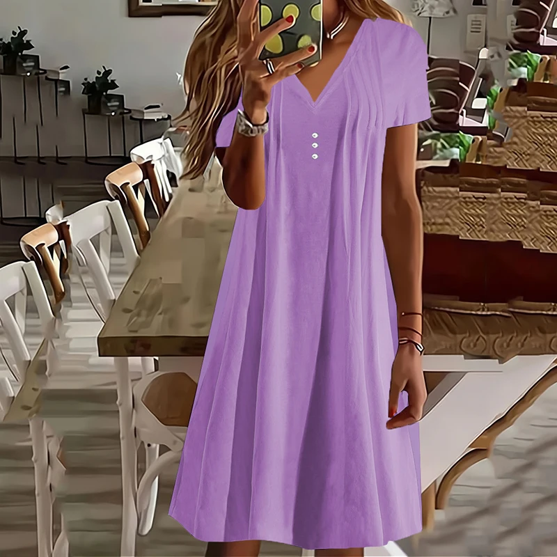 Fashion V-neck Button Solid Color Short Sleeve Dress For Women Casual Higt Waist Party A-line Skirt Temperament Elegant Dresses
Fashion V-neck Button Solid Color Short Sleeve Dress For Women Casual Higt Waist Party A-line Skirt Temperament Elegant Dresses