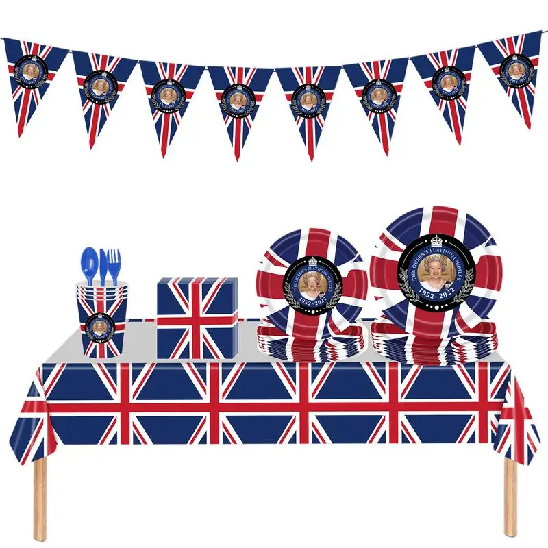 

Queens Platinums Jubilee Tableware Set British Flag Paper Dinnerware Set Union Jack Tablecloth/Plates/Cups/Napkins/Bunting Flags