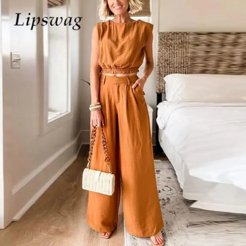 Casual Sleeveless Top+ Trousers Set Summer All-match Women's Two Piece Set Fashion Solid Color High Waisted Wide Leg Pants Set
Casual Sleeveless Top+ Trousers Set Summer All-match Women's Two Piece Set Fashion Solid Color High Waisted Wide Leg Pants Set