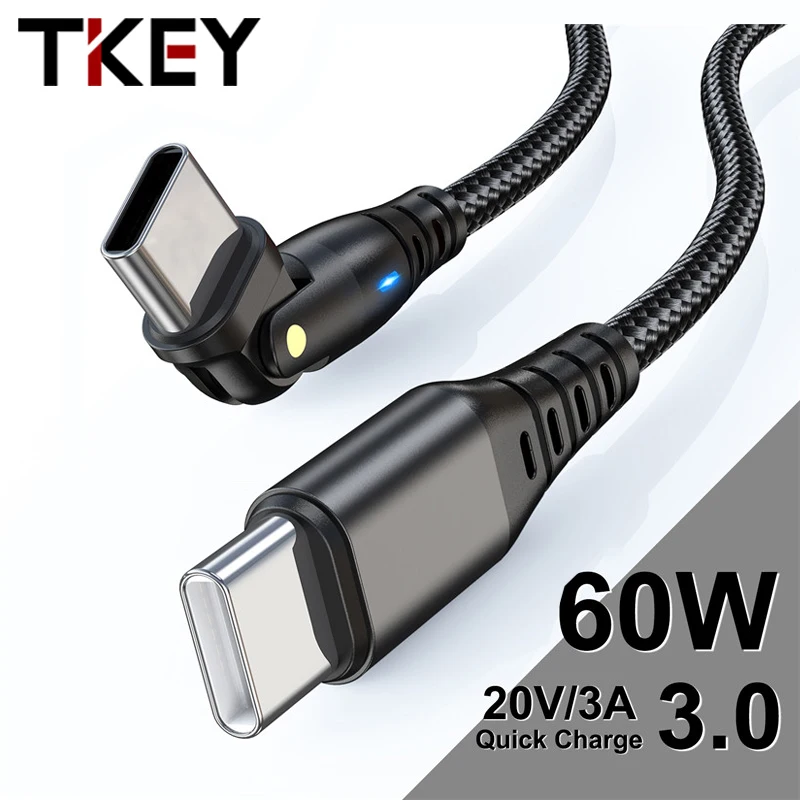 Вращающийся на 180 градусов кабель Tkey для быстрой зарядки с USB C на USB Type C, 60 Вт, для MacBook, Xiaomi, Huawei, быстрая зарядка 3,0 
Вращающийся на 180 градусов кабель Tkey для быстрой зарядки с USB C на USB Type C, 60 Вт, для MacBook, Xiaomi, Huawei, быстрая зарядка 3,0