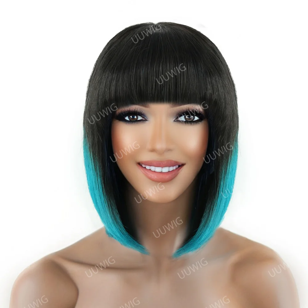 

Highlight Pixie Cut Wig Short Straight Human Hair Bob Wig With bangs Non Lace For Black Women Peruvian Ombre Colored Remy Hair