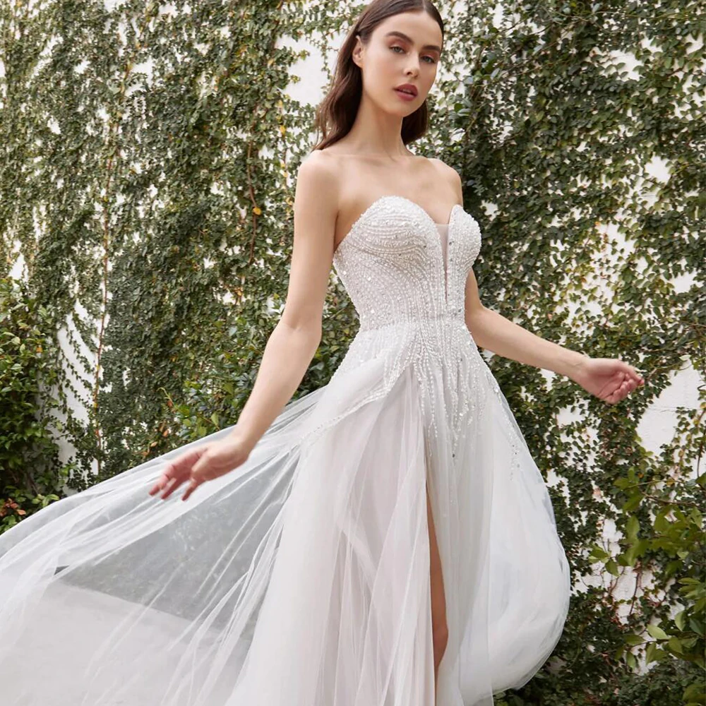 Boho Wedding Dresses Strapless Lace Up Sleeveless Bride Gowns Classic Side Split Sweep Train A-Line Applique Vestido De Noiva
Boho Wedding Dresses Strapless Lace Up Sleeveless Bride Gowns Classic Side Split Sweep Train A-Line Applique Vestido De Noiva