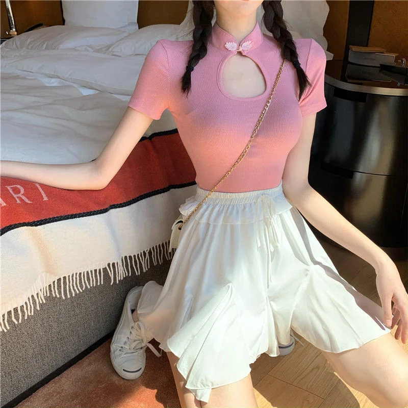 Woman Tshirts Slim Fit Chinese Knot Button Top Tight Short Sleeve T-shirt for Women Crop Top Mujer Camisetas
Woman Tshirts Slim Fit Chinese Knot Button Top Tight Short Sleeve T-shirt for Women Crop Top Mujer Camisetas