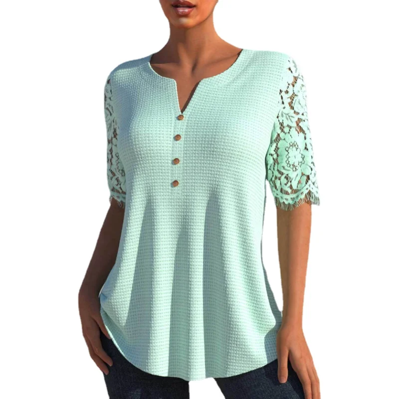 Summer Slim Loose Lace Shirt Fashion Tops Casual V-neck Short Sleeve Knit Blouse Women Elegant Office Lady Clothes Blusas 26253
Summer Slim Loose Lace Shirt Fashion Tops Casual V-neck Short Sleeve Knit Blouse Women Elegant Office Lady Clothes Blusas 26253