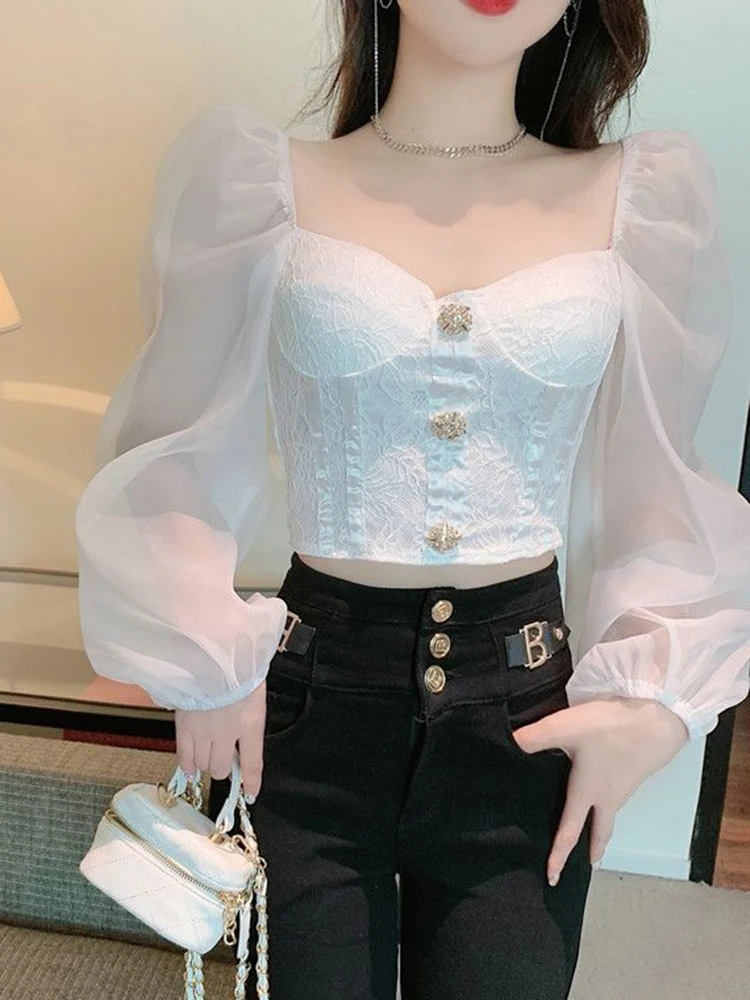 Zoki Elegant Women Lace Patchwork Shirt Sexy Cropped Puff Sleeve Korean Tops Sweet Chiffon Long Sleeve Female Button Blouse New
Zoki Elegant Women Lace Patchwork Shirt Sexy Cropped Puff Sleeve Korean Tops Sweet Chiffon Long Sleeve Female Button Blouse New