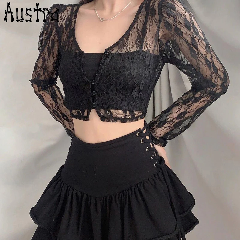 Austra Gothic Lace Pattern Short Shirt for Women Sexy See-through Mesh Button Cardigan Coat Party Club V Neck Casual Blouse
Austra Gothic Lace Pattern Short Shirt for Women Sexy See-through Mesh Button Cardigan Coat Party Club V Neck Casual Blouse