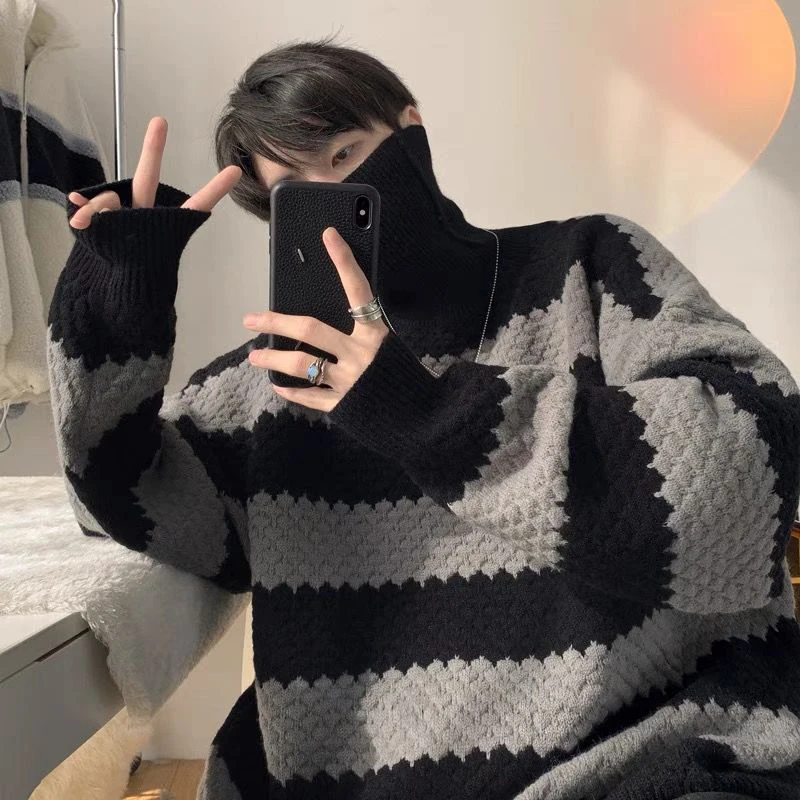 

Fall Winter Turtleneck Long Sleeve Striped Print Sweater Men Women Vintage Thicken Fashion Hit Color Harajuku Oversized Pullover
