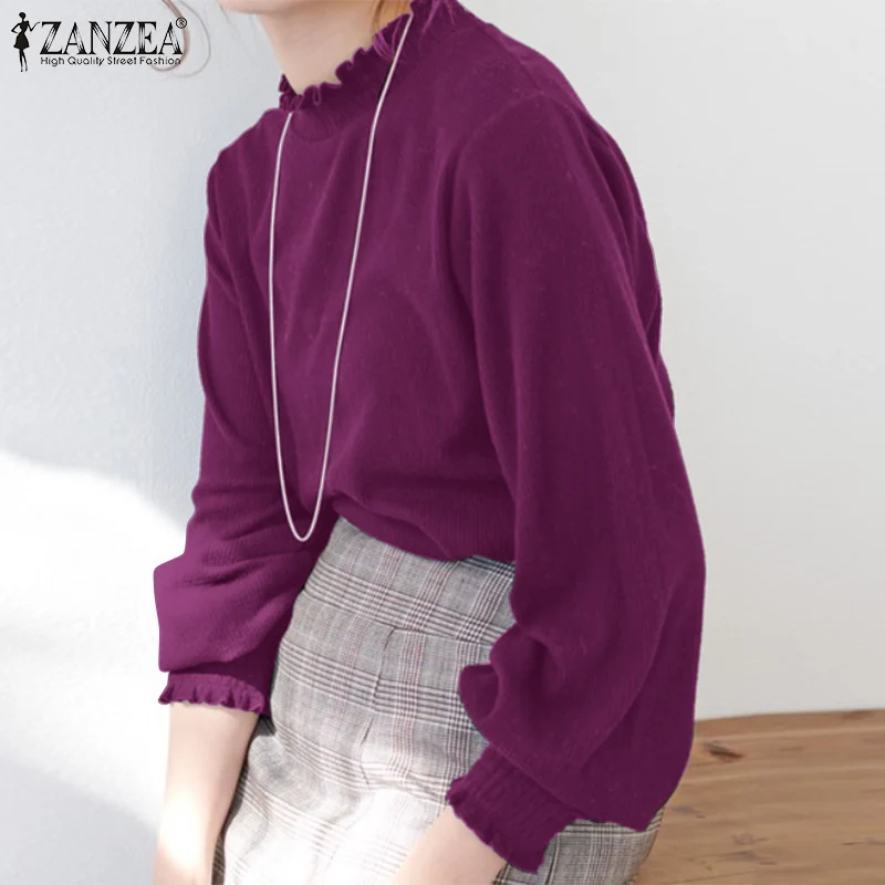 

Женская однотонная блузка с длинным рукавом, одежда ZANZEA в стиле ретро, весна 2022, Офисная Рубашка свободного кроя, Офисная туника, топы, Корей...