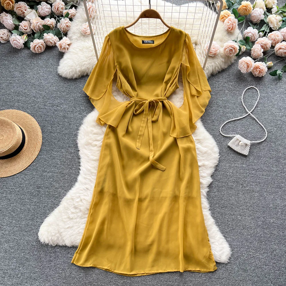 

2023 Summer New French A-line Dress Women Fashion Short Bat Sleeve Irregular Solid Color Casual Clothes Vestido Feminino J880