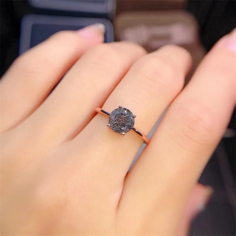 

Simple Styles Black Rutilated Quartz Ring Rutilated Quartz Engagement Ring 925 Sterling Silver Solitaire Women Rings for Gift
