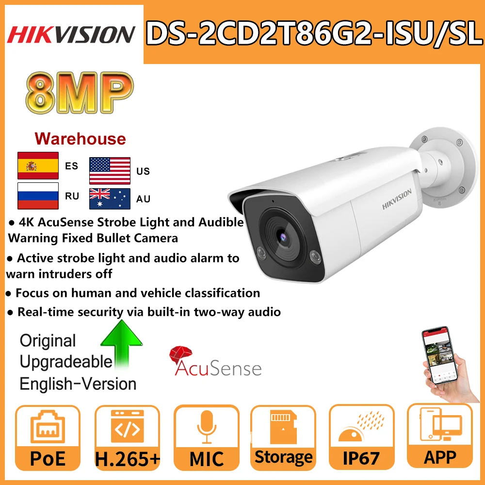 Hikvision 4K 8MP IP Camera Bullet PoE 60M IR AcuSense DS-2CD2T86G2-ISU/SL Strobe Light and Audible Warning Two-way Audio IP67
Hikvision 4K 8MP IP Camera Bullet PoE 60M IR AcuSense DS-2CD2T86G2-ISU/SL Strobe Light and Audible Warning Two-way Audio IP67