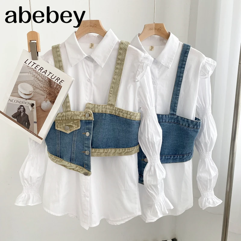 Korean turn down collar long sleeve mid-long Shirt Top + irregular short denim Camisole two-piece set 2022 New Spring Autumn 
Korean turn down collar long sleeve mid-long Shirt Top + irregular short denim Camisole two-piece set 2022 New Spring Autumn