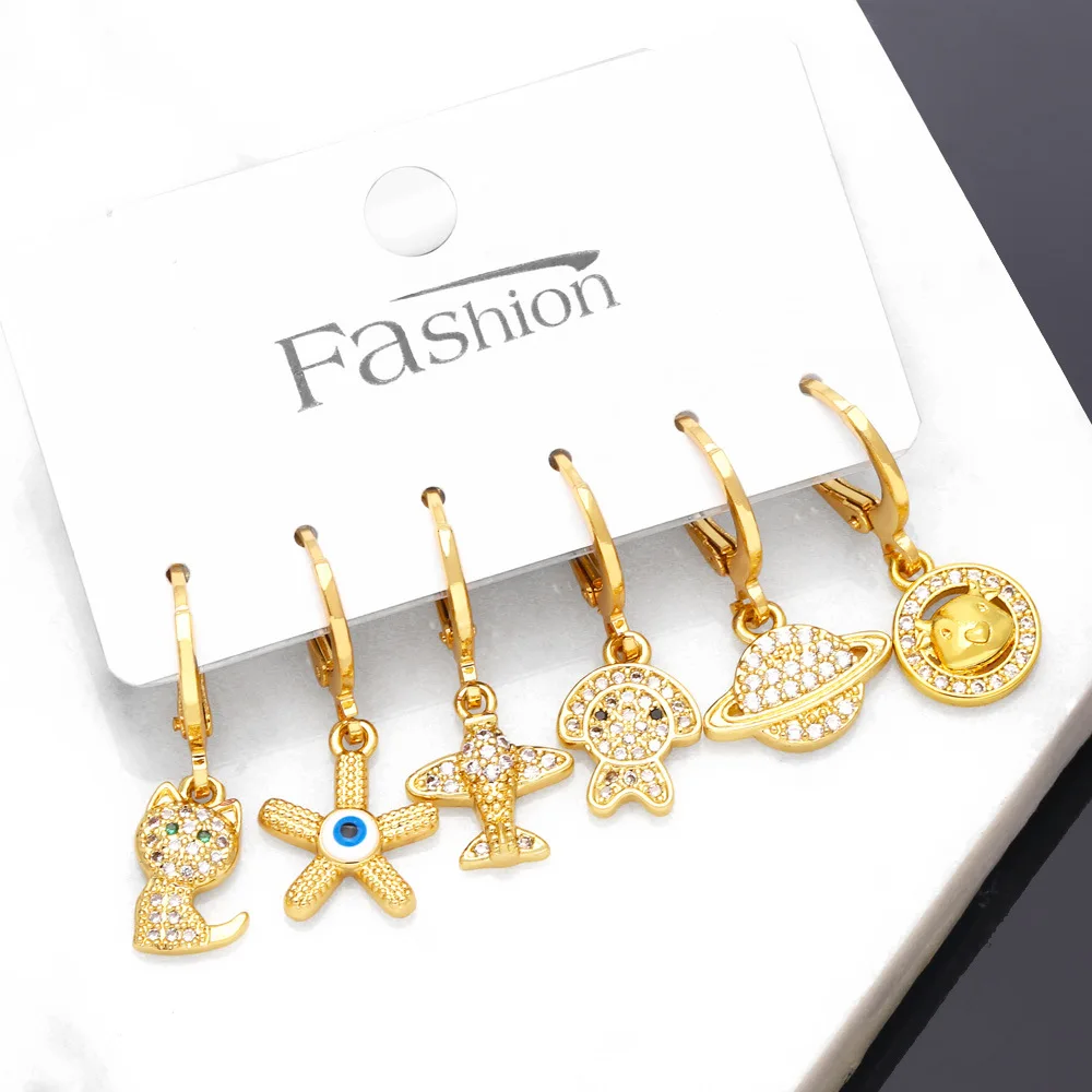 Earrings Set Simple and Cute Inlaid Zircon Kitten and Puppy Planet Element Earrings 6-piece Set of Gold Card Ear Rings for Women
Earrings Set Simple and Cute Inlaid Zircon Kitten and Puppy Planet Element Earrings 6-piece Set of Gold Card Ear Rings for Women