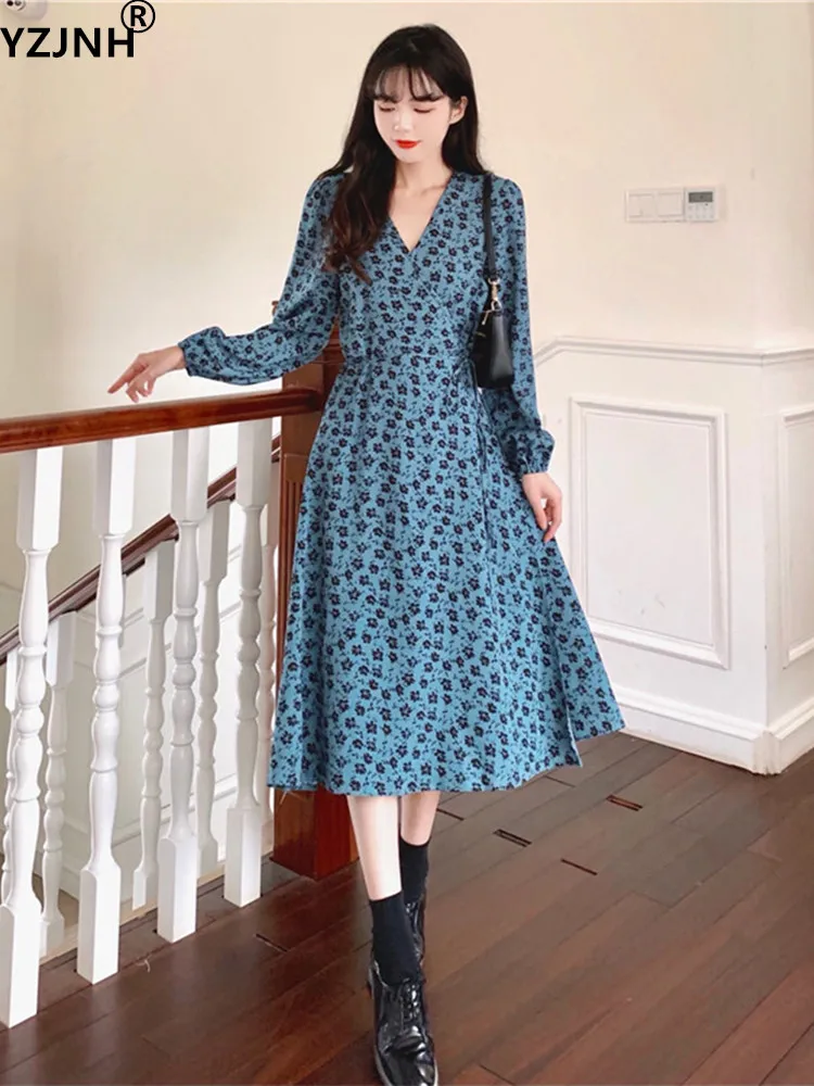 

Осеннее Новое Женское платье YZJNH 2023, французское винтажное милое синее платье с цветочным принтом, большие размеры