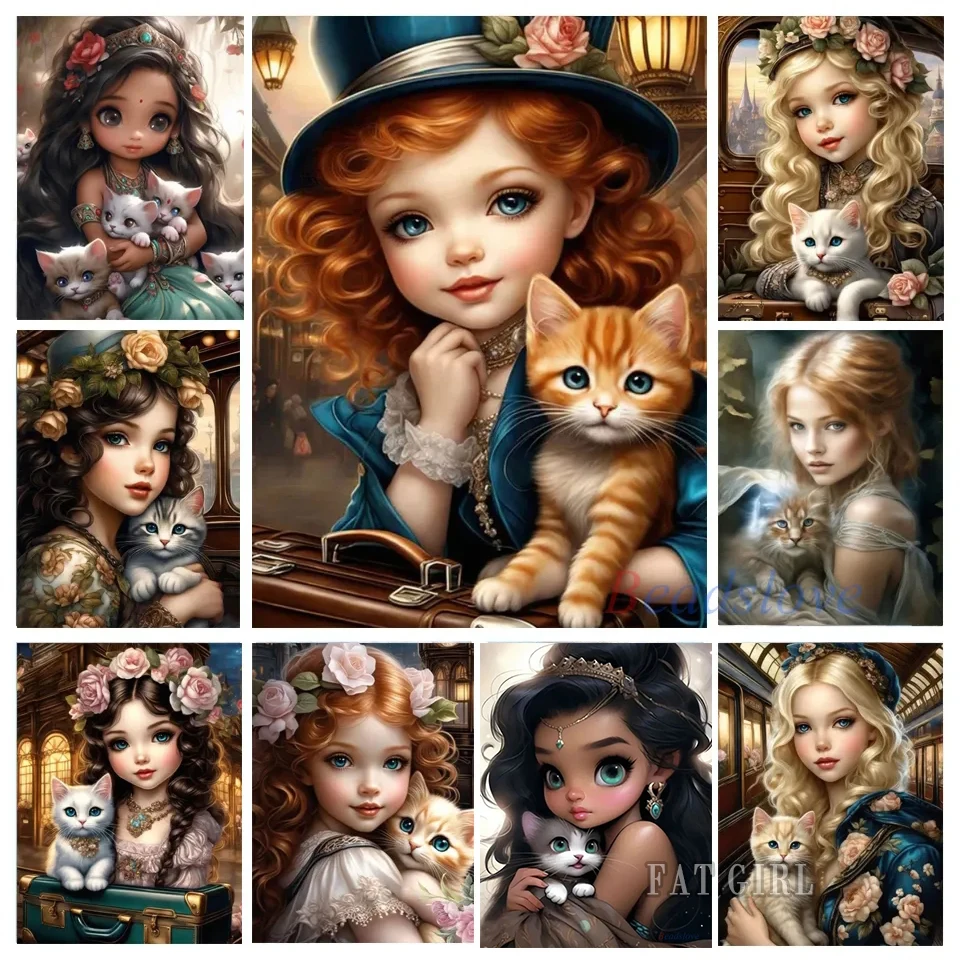 

Набор для алмазной вышивки с кошкой, картина из круглых страз «сделай сам» с красивыми девушками, мозаика с животными, вышивка крестиком, украшение для дома