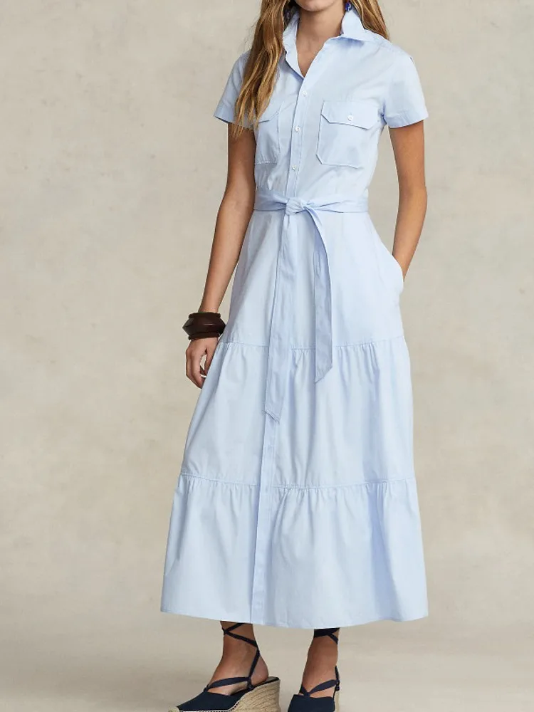 Sky Blue Shirt Dresses Women's Summer Dress Cotton Safari Style Pocktes Patchwork Long Dress Female Clothes With Belt
Sky Blue Shirt Dresses Women's Summer Dress Cotton Safari Style Pocktes Patchwork Long Dress Female Clothes With Belt