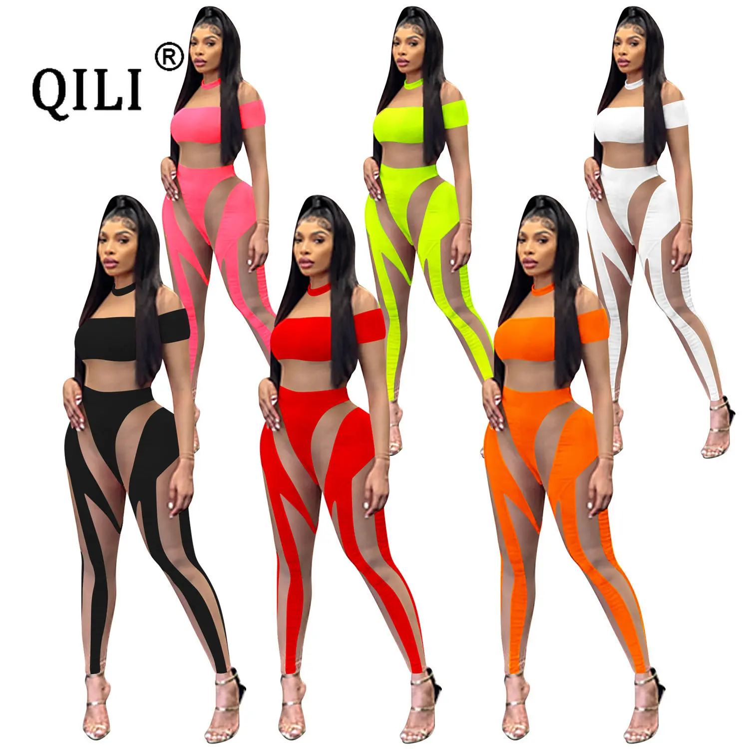 

QILI New Fashion Sexy Nightclub Tight-fitting Gauze Perspective Long-sleeved Trousers Jumpsuit for Women Bodycon Jumpsuits