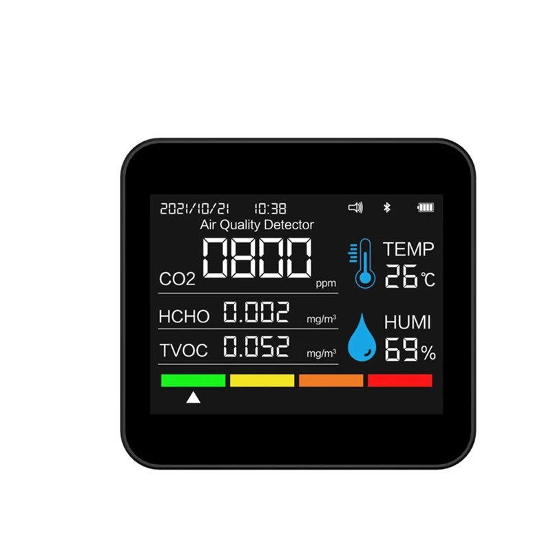 

Монитор качества воздуха BT 9 в 1, датчик времени и даты, CO2, TVOC, HCHO, PM2.5, PM1.0, PM10, датчик температуры и влажности, черный, 1 шт.