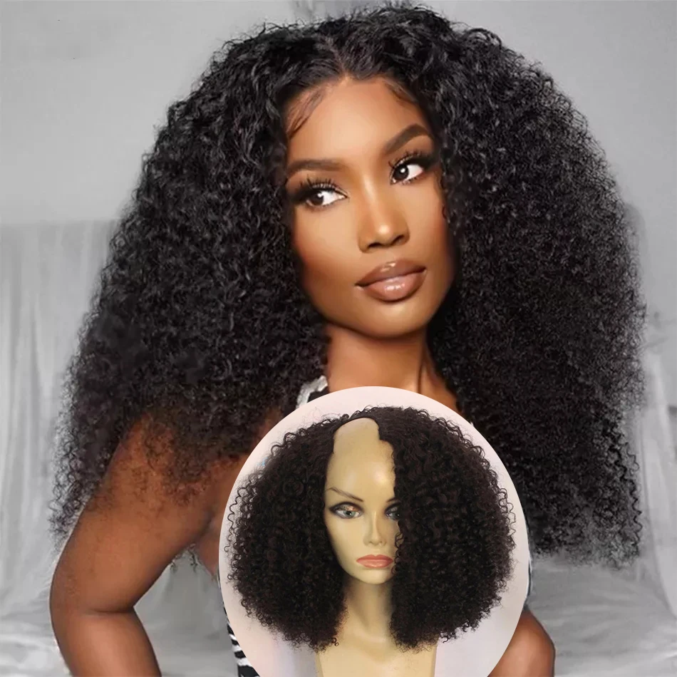 

Glueless Side Open Kinky Curly 100% Virgin Human Hair U Part Wigs Unprocessed Bouncy Curl V Shape Bob Wig Full Machine250Density