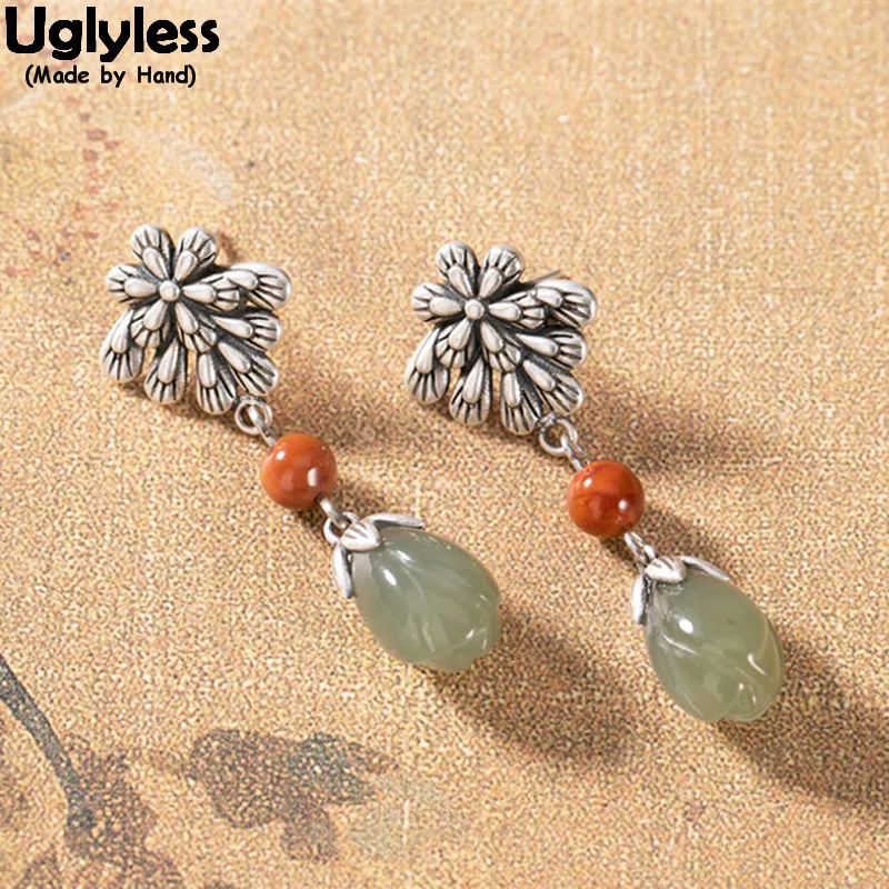 

Uglyless Ethnic Thai Silver Snowflake Earrings for Women Vintage 925 Silver Floral Earrings Natural Magnolia Jade Retro Jewelry