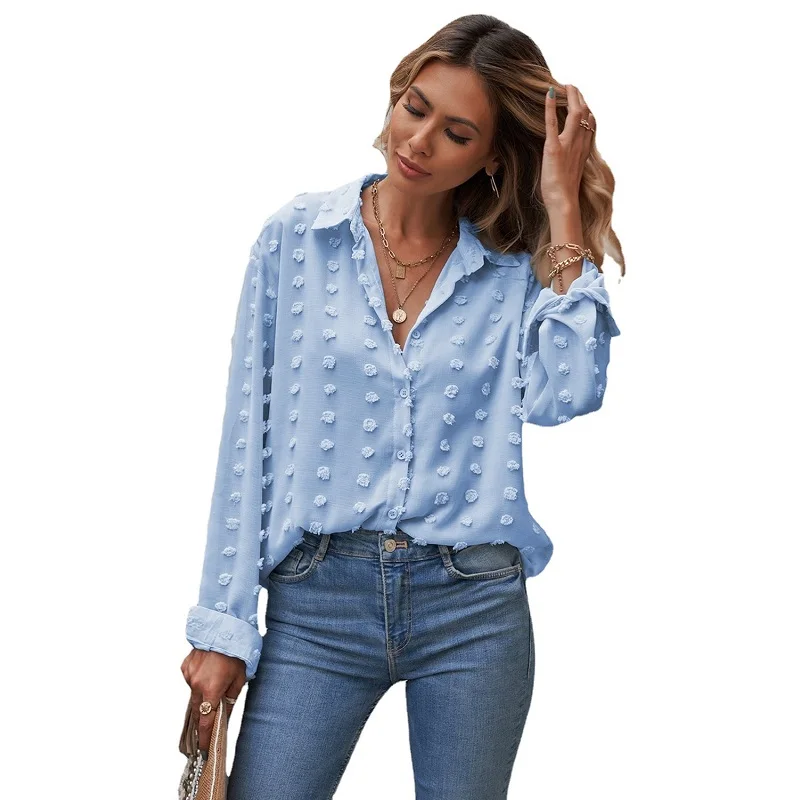 Women's Long Sleeve Lapel Blouse Polka Dot Chiffon Jacquard Cardigan Temperament Commuter Top Solid Color Button Up Shirt
Women's Long Sleeve Lapel Blouse Polka Dot Chiffon Jacquard Cardigan Temperament Commuter Top Solid Color Button Up Shirt