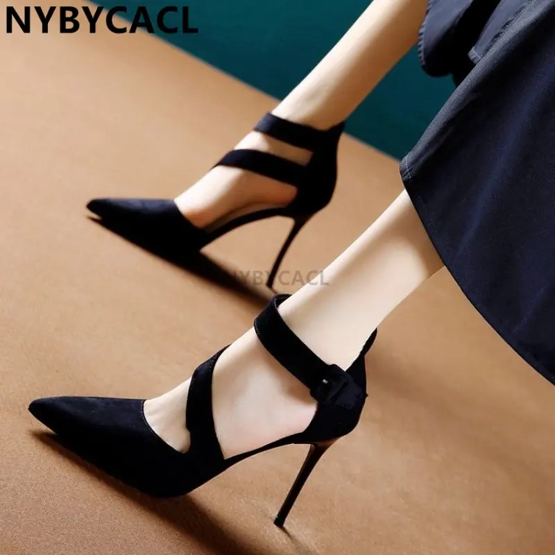 

Apricot single shoes 2023 spring and summer small fresh French girl high heels black suede stiletto sandals pointed toe straps