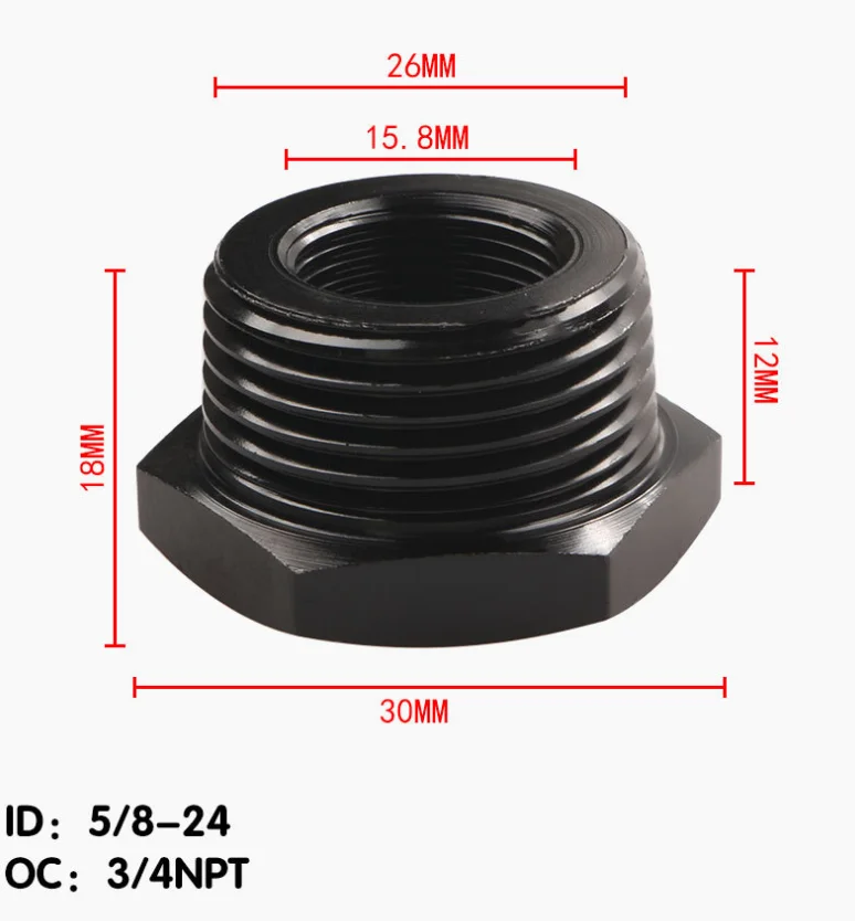 

5/8-24 to 3/4NPT Black Aluminum Hexagon Threaded Filter Connector Oil Filter Adapter