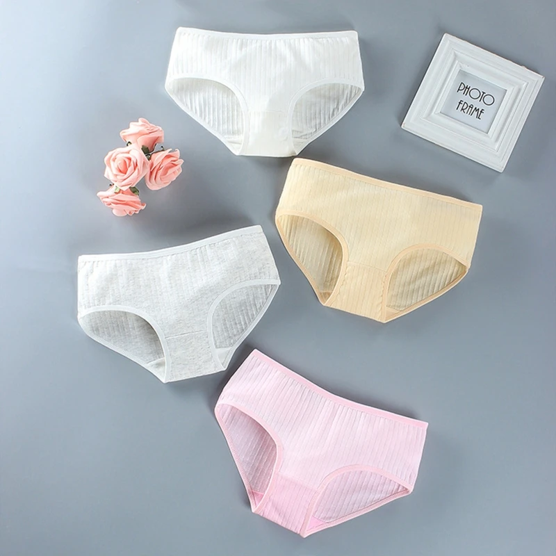 

Teen Kids Girls Underwear Breathable Soft Cotton Panties Summer Thin Ribbed Solid Color Brief Intimate Hipster Underpant G99C