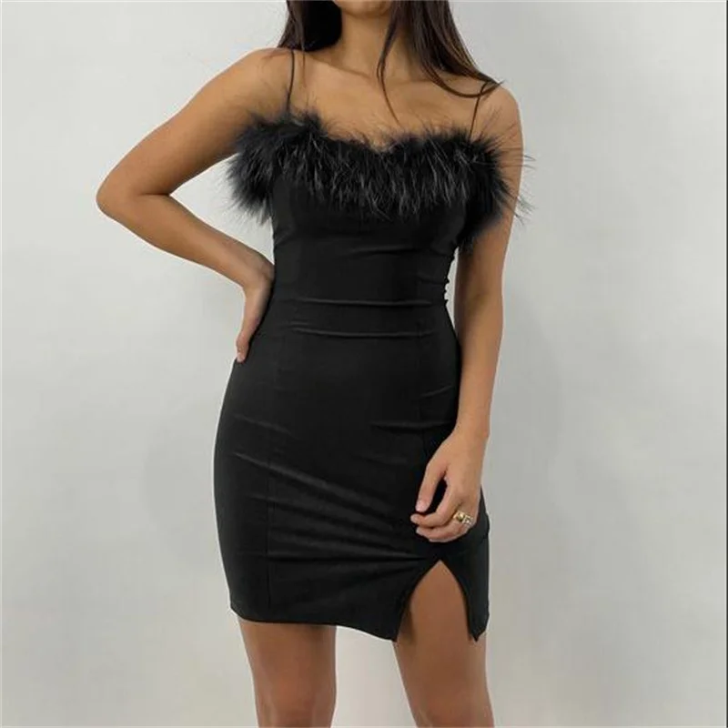 Women Solid Black Feather Splicing Side Split Sleeveless Slim Hip Mini Dress Temperament Short Slip Dress
Women Solid Black Feather Splicing Side Split Sleeveless Slim Hip Mini Dress Temperament Short Slip Dress