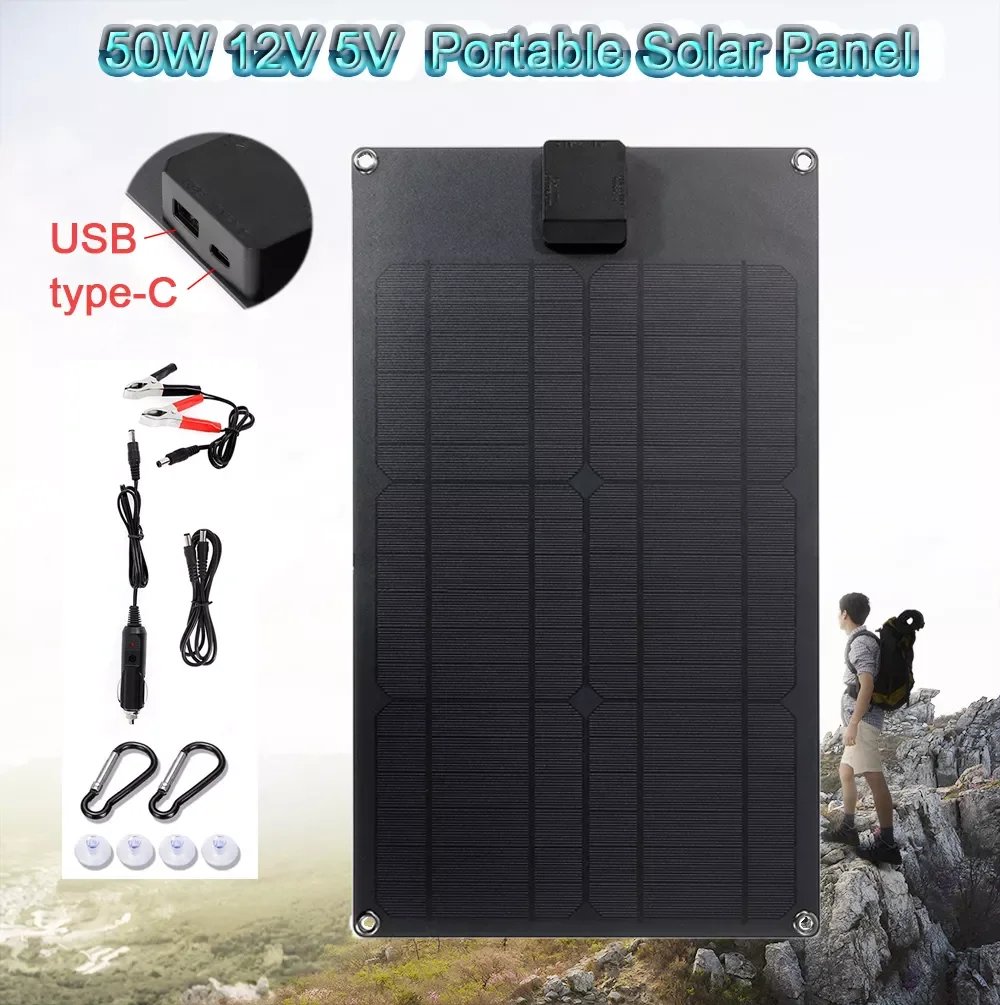 Outdoor USB 5V solar panel portable 50w 12V solar plate to charger for mobile phone battery camping RV 
Outdoor USB 5V solar panel portable 50w 12V solar plate to charger for mobile phone battery camping RV