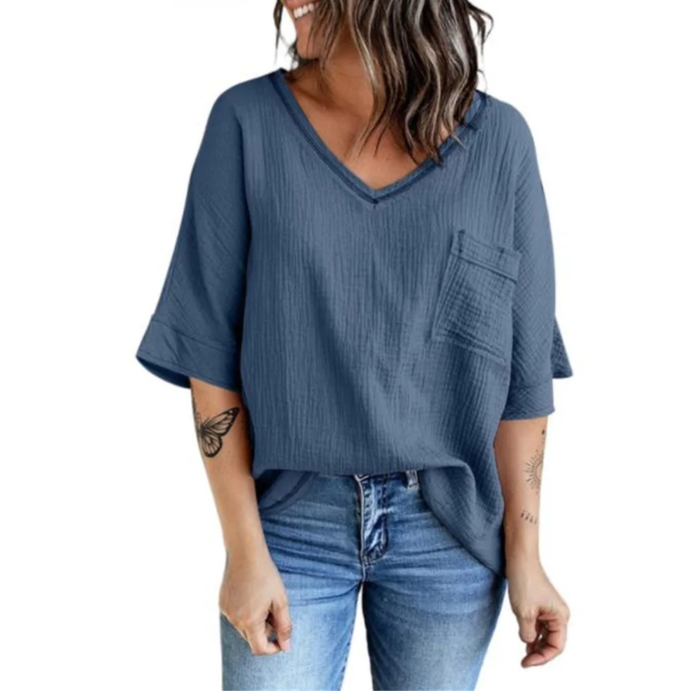 2022 Spring Summer Shirts Fashion V-neck Mid-sleeve Top Women Casual Street Solid Short-sleeved Tops Pullover T-shirts Oversize
2022 Spring Summer Shirts Fashion V-neck Mid-sleeve Top Women Casual Street Solid Short-sleeved Tops Pullover T-shirts Oversize