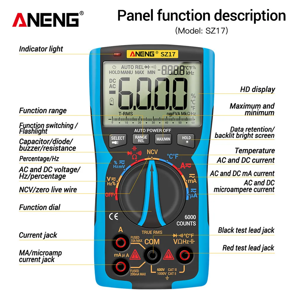 Цифровой мультиметр ANENG SZ17 6000, профессиональный Аналоговый тестер True RMS, мультиметр, DIY транзисторный конденсатор NCV тестеры, Lcr метр
Цифровой мультиметр ANENG SZ17 6000, профессиональный Аналоговый тестер True RMS, мультиметр, DIY транзисторный конденсатор NCV тестеры, Lcr метр