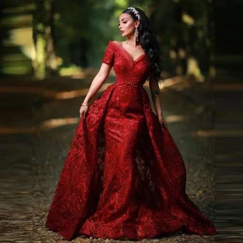 Glitter Burgundy Mermaid Arabia Evening Dresses Short Cap Sleeve Long Muslim Prom Dress With Overskirt Women
Glitter Burgundy Mermaid Arabia Evening Dresses Short Cap Sleeve Long Muslim Prom Dress With Overskirt Women