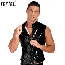 Mens Fashion Zipper Sleeveless Jacket Crop Top Wet Look Patent Leather Stand Collar Vest Tops Festival Rave Party Punk Clubwear