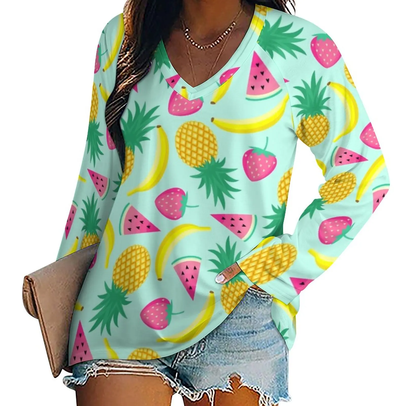 

Banana Pineapple T Shirt Autumn Funky Fruit Print Fashion T-Shirts Long-Sleeve Kawaii Tshirt Ladies Custom Clothing Big Size