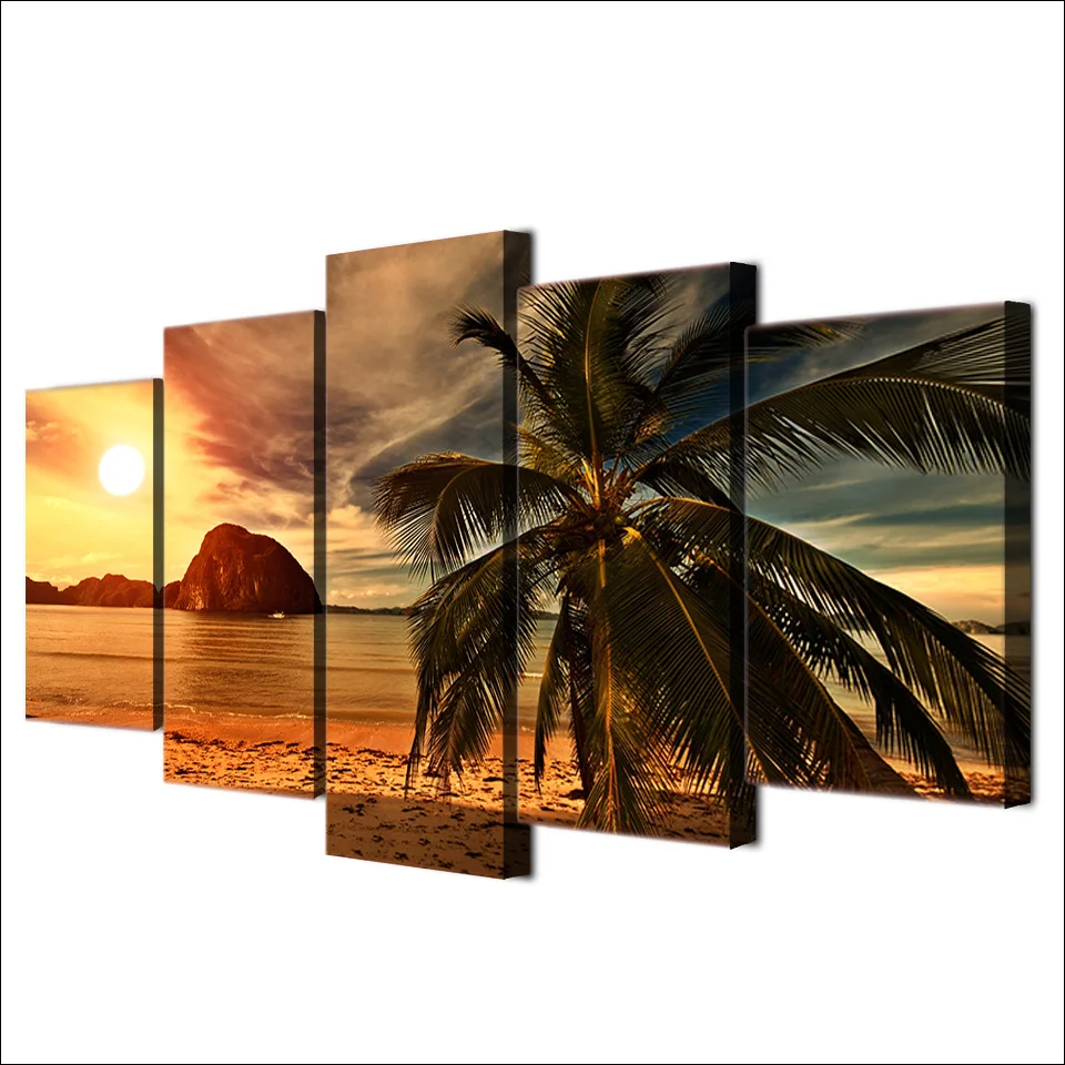 

Hawaii landscape Canvas Paintings Posters 5 Pieces Tropical Beach Palm Trees Sunset Seascape Pictures Living Room Home Decor