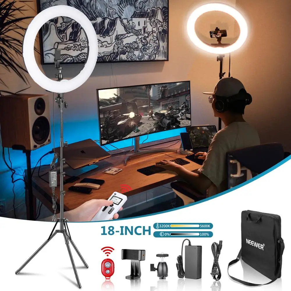Neewer Advanced 2.4G 18-inch LED Ring Light, Bi-color 3200-5600K Dimmable With LCD Screen And 2.4G Wireless Remote
Neewer Advanced 2.4G 18-inch LED Ring Light, Bi-color 3200-5600K Dimmable With LCD Screen And 2.4G Wireless Remote