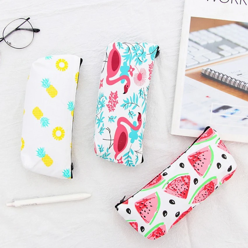 

1Pcs/lot Lovely Flamingo Pineapple Watermelon Canvas Pencil Bags student stationery storage bag pencil bag