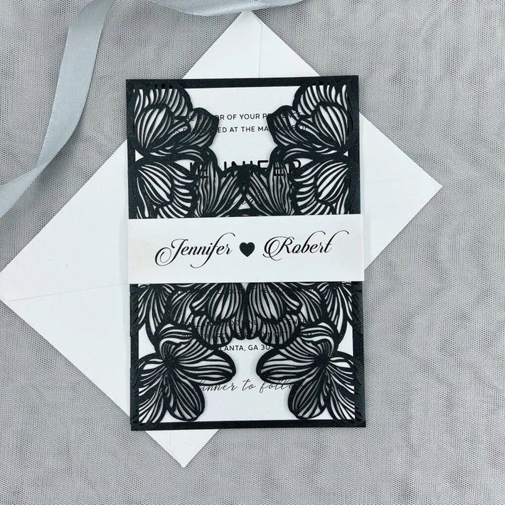 (100 pieces/lot) Laser Floral XV Quinceanera Invitations Customize Pearl Black Wedding Invitation Card With Belt RSVP Card IC057
(100 pieces/lot) Laser Floral XV Quinceanera Invitations Customize Pearl Black Wedding Invitation Card With Belt RSVP Card IC057